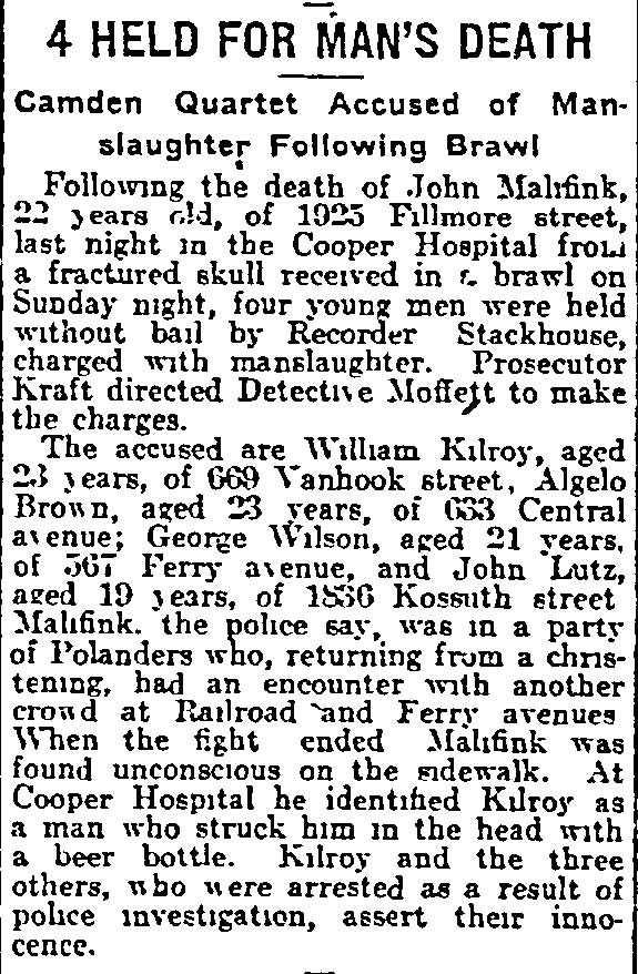 Philadelphia Inquirer, July 17, 1915 — 4 Held for Man's Death
