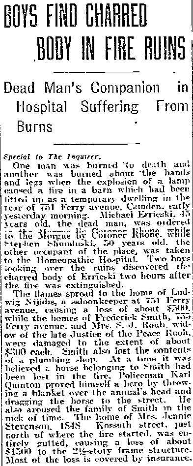 Philadelphia Inquirer, July 22, 1918 — Boys Find Charred Body in Fire Ruins