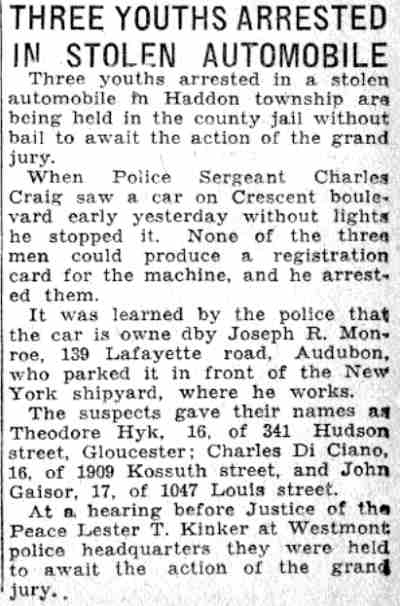 Camden Courier-Post, June 6, 1932 — Three Youths Arrested in Stolen Automobile