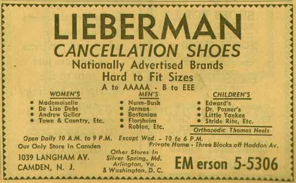 Lieberman Cancellation Shoes ad, 1039 Langham Avenue, 1955