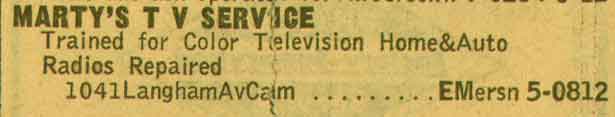 Marty's TV Service ad, 1041 Langham Avenue, 1955