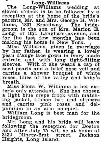 Long-Williams wedding notice, Camden Courier-Post, June 18, 1932