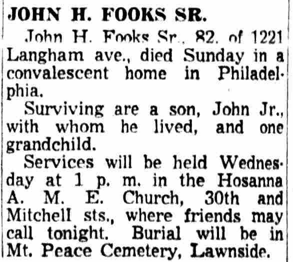 John H. Fooks Sr. obituary, Camden Courier-Post, August 14, 1956