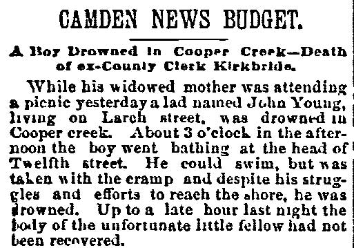 Philadelphia Inquirer, June 17, 1890 — Camden News Budget, boy drowned in Cooper Creek