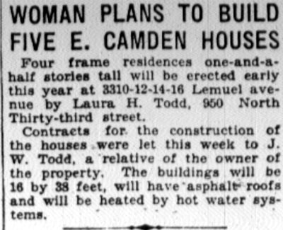 News clipping: four frame houses to be built at 3310-3316 Lemuel Avenue, January 1928