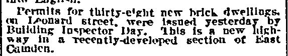 Building permits notice for Leonard Street, Philadelphia Inquirer, March 20, 1919