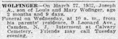Wolfinger death notice, Camden Courier-Post, March 28, 1932