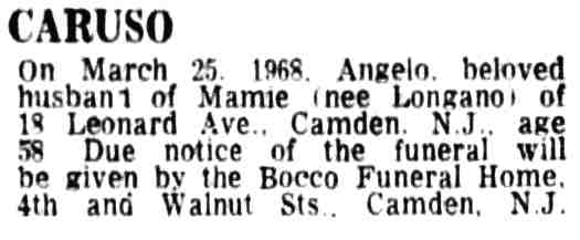 Caruso death notice, Camden Courier-Post, March 26, 1968
