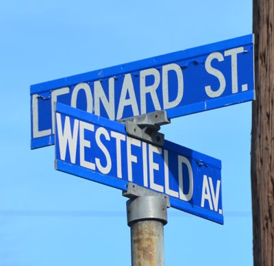 Leonard Avenue at Westfield Avenue street sign, December 3, 2011