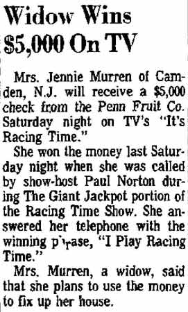 Widow Wins 5000 On TV, Jennie Murren of Camden, Bucks County Courier-Times, February 3, 1968