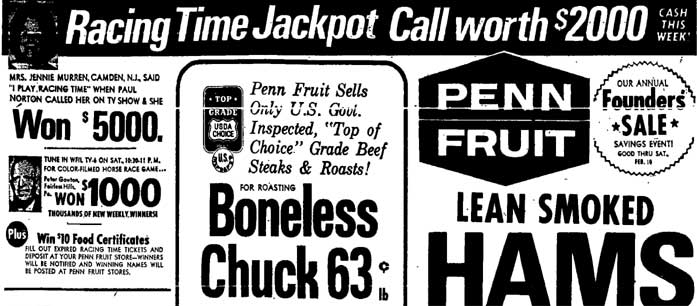 Penn Fruit Racing Time Jackpot advertisement, Jennie Murren, Bucks County Courier-Times, February 7, 1968