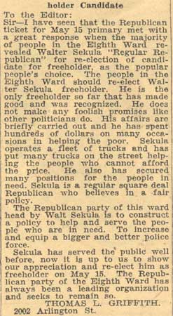 Griffith endorses Sekula for freeholder, Camden Courier-Post, May 2, 1934