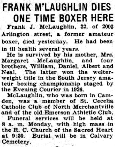 Frank McLaughlin Dies, One-Time Boxer, Camden Courier-Post, June 3, 1932