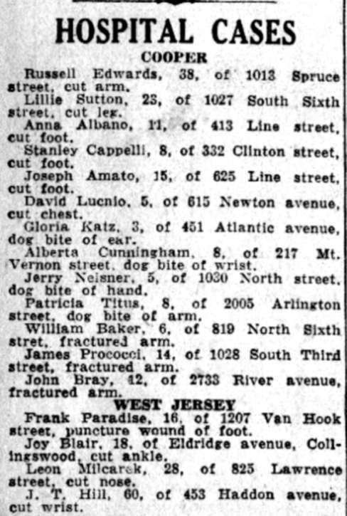 Hospital Cases, Cooper Hospital, Camden Courier-Post, July 31, 1941