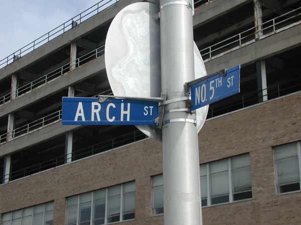 5th Street looking east from Arch Street, showing the Parkade Building, October 2003
