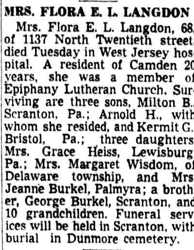 Mrs. Flora E. L. Langdon obituary — Camden Courier-Post, April 2, 1952
