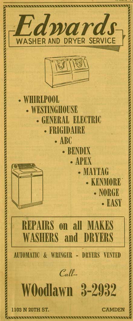 Edwards Washer and Dryer Service, 1103 North 20th Street, New Jersey Bell Yellow Pages, 1955
