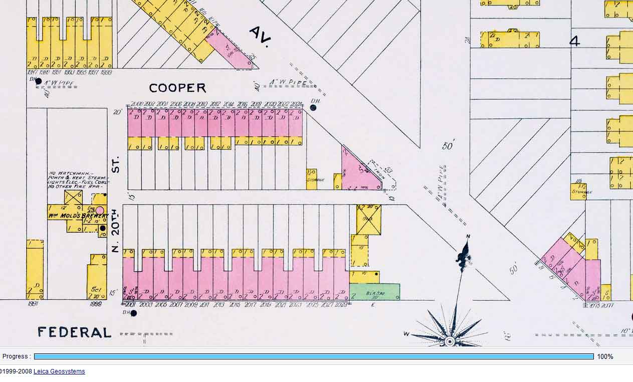 West side of North 20th Street, 1906 Sanborn map, showing William Molt's Brewery