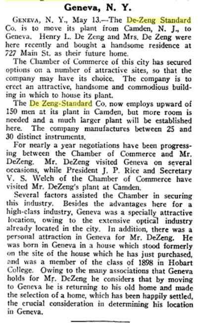 De Zeng-Standard Company optical instruments advertisement, Optical Journal and Review, May 18 1922