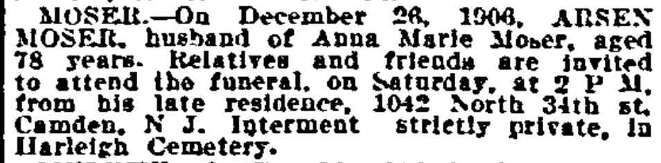 1042 North 34th Street — Arsen Moser family, Philadelphia Inquirer December 28 1906