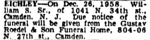 1041 North 34th Street — William S. Eichley obit, Camden Courier-Post December 27 1958