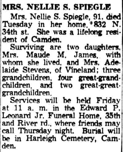 832 North 34th Street — Mrs. Nellie S. Spiegle obituary, Camden Courier-Post, May 13, 1959