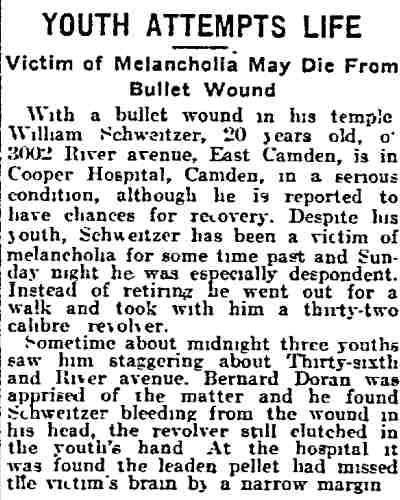 820 North 34th Street — Youth Attempts Life, Bernard Doran, Philadelphia Inquirer April 16 1916