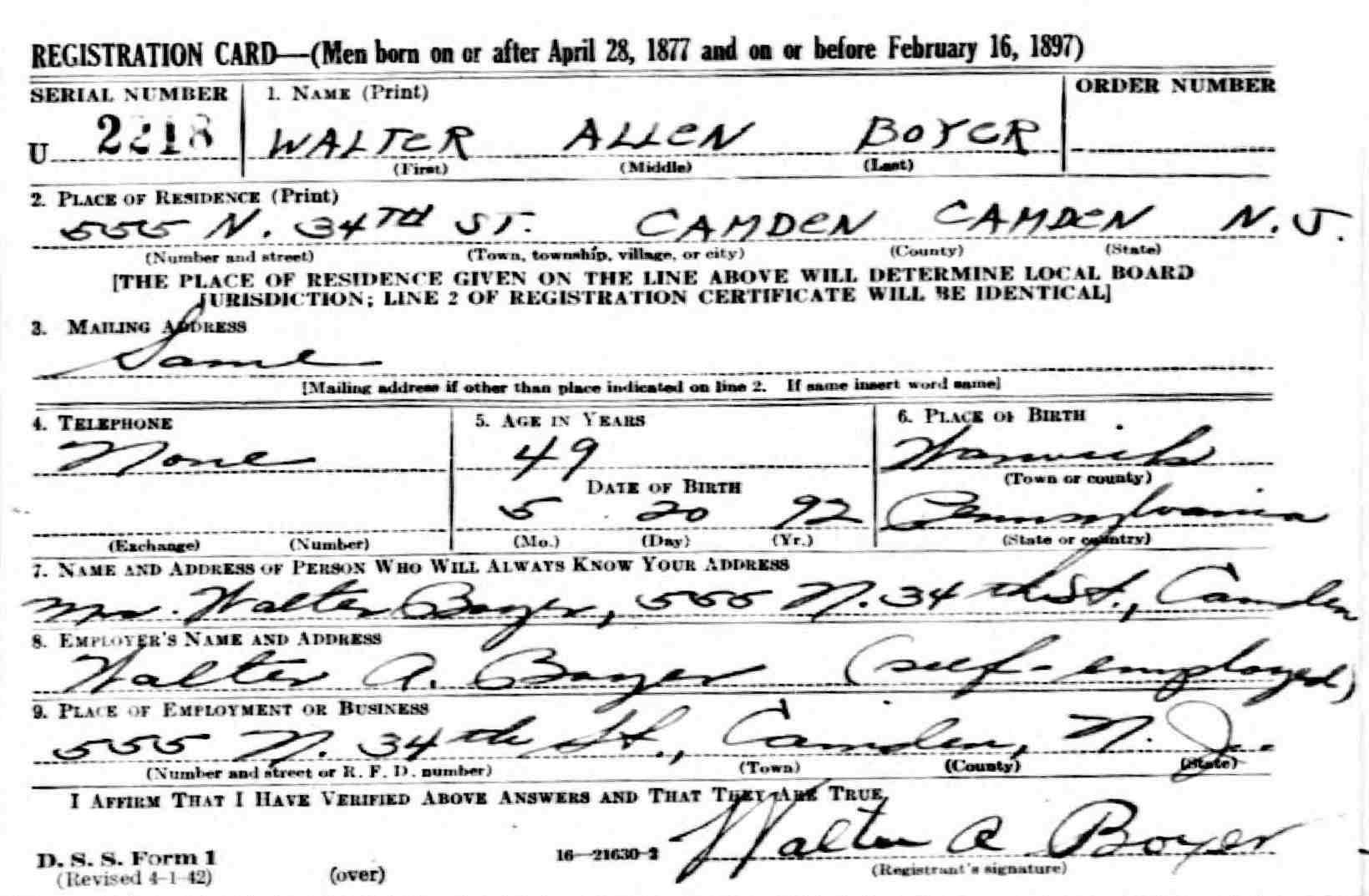 Walter Allen Boyer, WWII discharge certificate, 551 North 34th Street