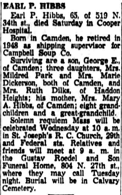 519 North 34th Street — Earl P. Hibbs obit, Camden Courier-Post June 25 1956