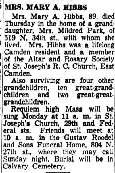 519 North 34th Street — Mrs. Mary A. Hibbs obit, Camden Courier-Post March 29 1957