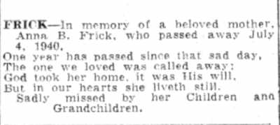 420 North 34th Street — Anna Bell Frick memoriam, Camden Courier-Post July 4 1941