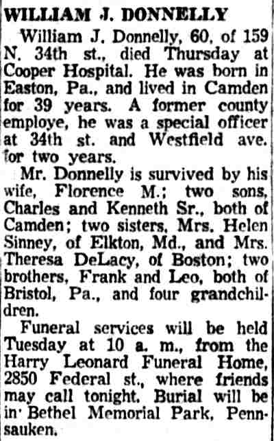 159 North 34th Street — William J. Donnelly obit, Camden Courier-Post October 15 1956