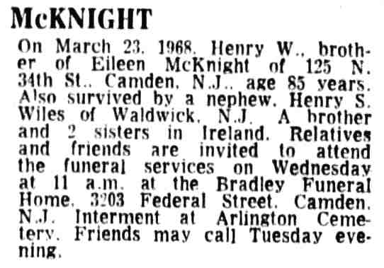 125 North 34th Street — Henry W. McKnight obit, Camden Courier-Post March 26 1968
