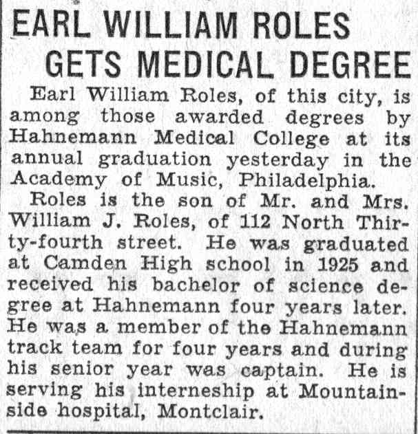 112 North 34th Street — Earl William Roles medical degree, Roles Court Apartments, Camden Courier-Post June 10 1932