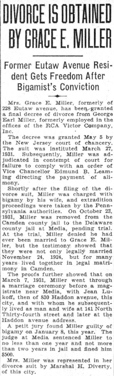 Grace E. Miller divorce/bigamy case, Camden Courier-Post June 3 1932