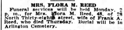 28 North 34th Street, Flora M. Reed funeral notice, Camden Courier-Post October 4 1930