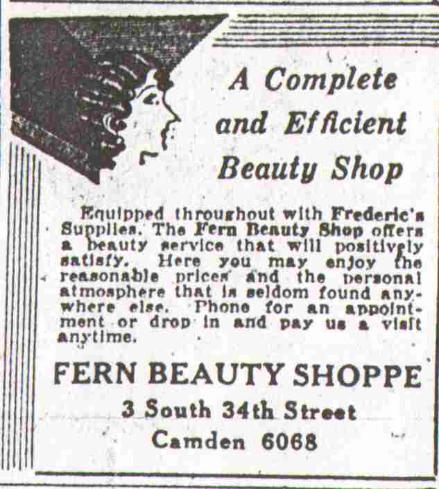 3 South 34th Street, Fern Beauty Shoppe ad, Camden Courier-Post May 4 1930