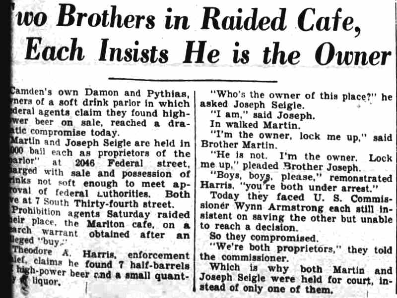 7 South 34th Street, Two Brothers in Raided Cafe, Camden Courier-Post September 29 1930
