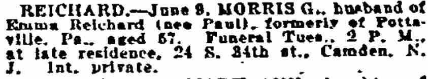 24 South 34th Street, Morris G. Reichard death notice, Philadelphia Inquirer June 13 1922