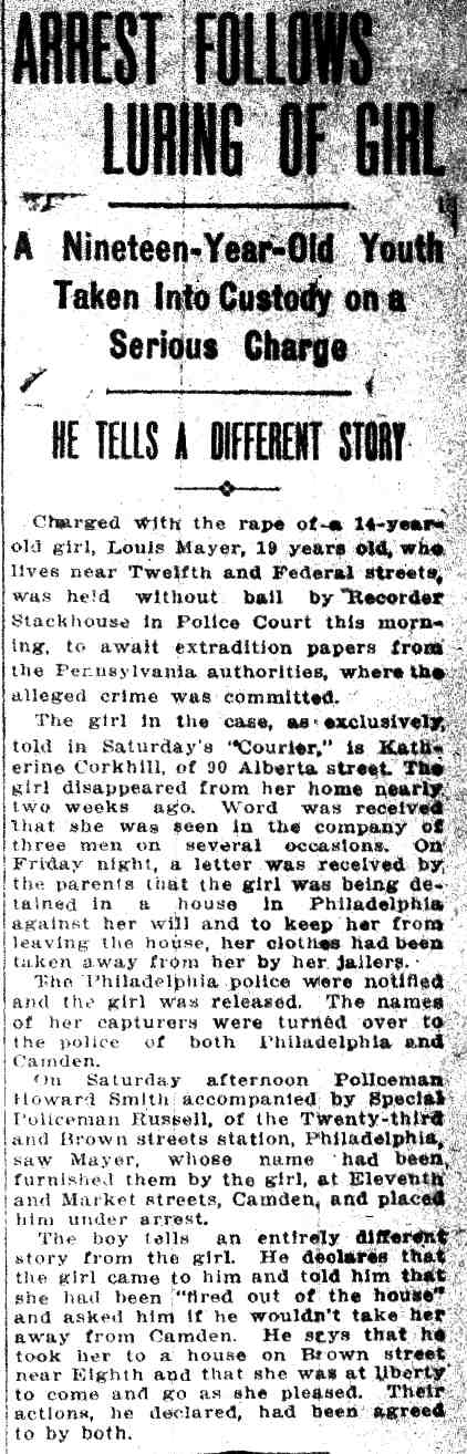 Camden Daily Courier clipping, August 22, 1910 — Arrest Follows Luring of Girl