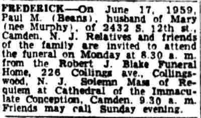Camden Courier-Post clipping, June 20, 1959 — Frederick death notice