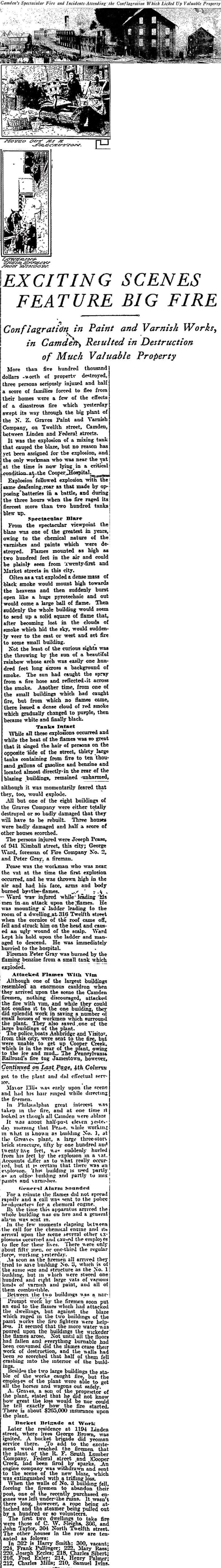 Philadelphia Inquirer, February 18, 1908 — Exciting Scenes Feature Big Fire — N.Z. Graves Paint and Varnish Company fire, Camden