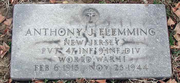 Grave marker for Private Anthony J. Flemming, Calvary Cemetery, Cherry Hill, NJ