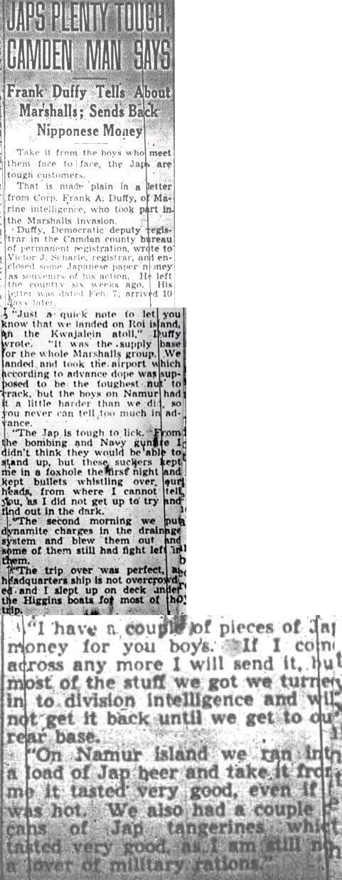 Japs Plenty Tough, Camden Man Says — Camden Courier-Post, February 21, 1944