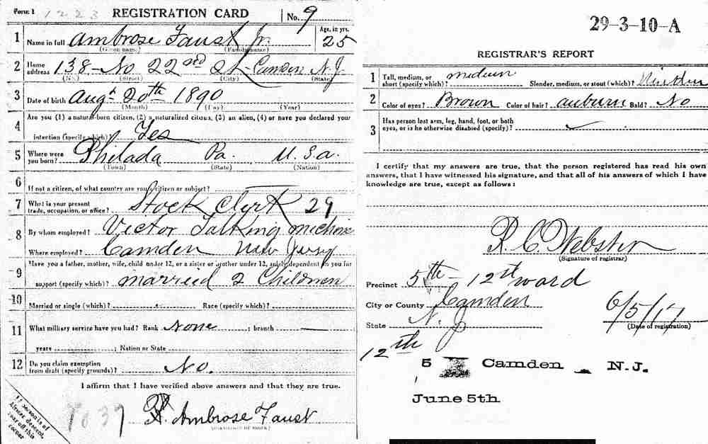 WWI Draft Card for Ambrose Faust, 138 North 22nd Street, 1916-1917