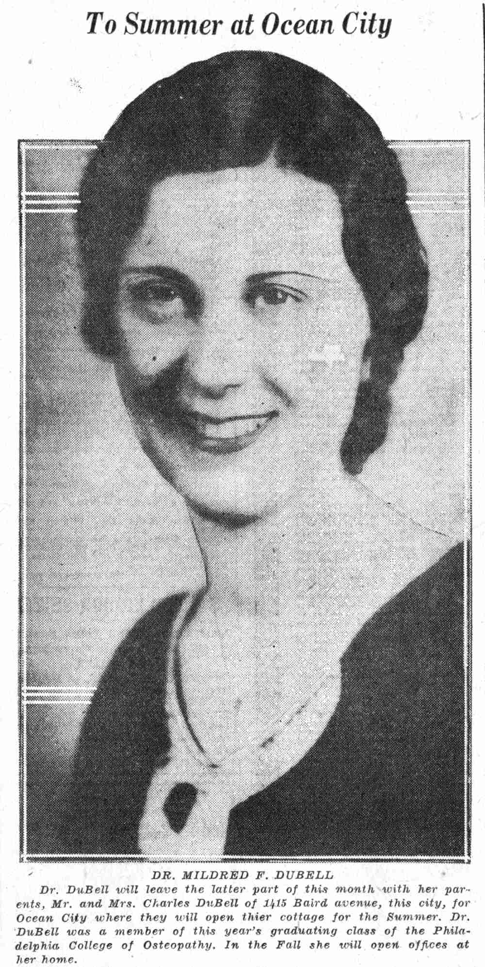 Dr. Mildred F. DuBell, Camden Courier-Post June 13, 1932 — To Summer at Ocean City
