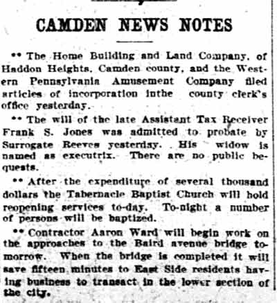 Philadelphia Inquirer, June 21, 1903 — Camden News Notes, Frank S. Jones, Baird Avenue bridge