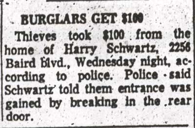 Camden Courier-Post, February 15, 1962 — Burglars Get dollar 100, Harry Schwartz, 2256 Baird Boulevard