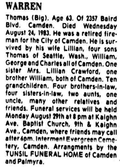 Thomas Warren, 2357 Baird Boulevard, Camden Courier-Post August 29, 1983