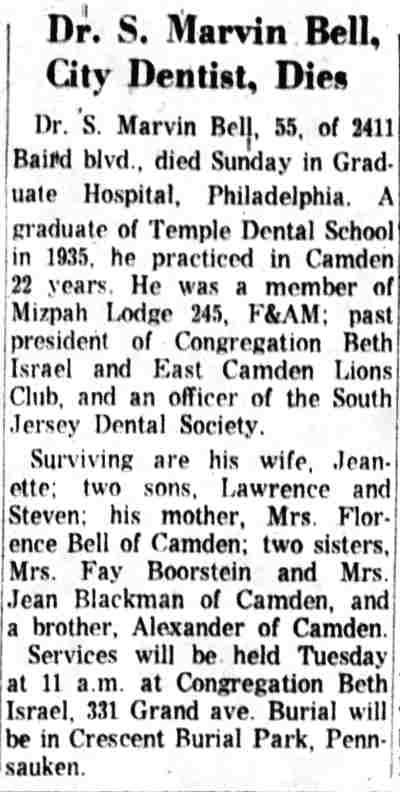 Camden Courier-Post, June 25, 1962 — Dr. S. Marvin Bell, City Dentist, Dies, 2411 Baird Boulevard